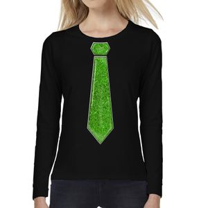 Verkleed shirt voor dames - stropdas groen - zwart - carnaval - foute party - longsleeve