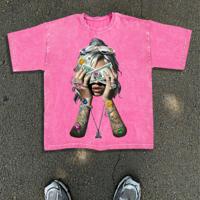 Bon&Bon Men's Graphic Printed Cotton T-Shirt - Loose Fit Blue Pink / L