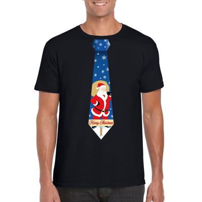 Foute Kersttrui t-shirt - voor heren - zwart - met stropdas kerstman print - kerstdiner kleding