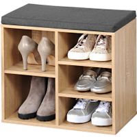 Bruine houtlook schoenenkast/schoenenrek bankje 29 x 48 x 51 cm met zitkussen   - - thumbnail
