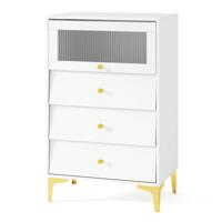 3/4 Ladekast Moderne Opbergkast met Kantelbare Geribbelde Glazen Deur Gouden Metalen Poten en Anti-Kantelontwerp Wit