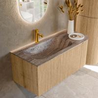 Badmeubel Mondiaz Kurve-Dlux | 105 cm | Meubelkleur Oak | Wastafelkleur Oza | Solid surface | Wasbak linker zijde spoelbak | 1 kraangat