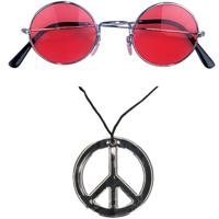 Hippie Flower Power verkleed set - peace ketting - met party bril - rood