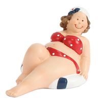 Home decoratie beeldje dikke dame liggend - rood badpak - 10 cm - Beeldjes - thumbnail