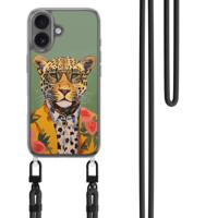 iPhone 16 hoesje met zwart koord - Luipaard hipster