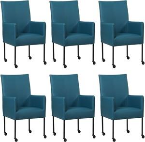 Set van 6 Blauwe leren moderne eetkamerstoelen Spark - poot rond zwart met wiel - Toledo Leer Turquoise (blauw leer)