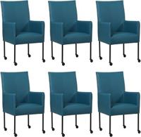 Set van 6 Blauwe leren moderne eetkamerstoelen Spark - poot rond zwart met wiel - Toledo Leer Turquoise (blauw leer)