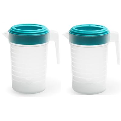 Schenkkan/waterkan met deksel - 2x stuks - 1 liter - blauw/ transparant - kunststof
