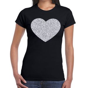 Zilveren hart glitter t-shirt zwart dames