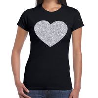 Zilveren hart glitter t-shirt zwart dames