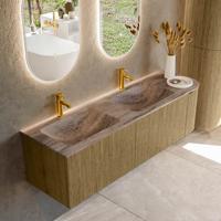 Badmeubel Mondiaz Kurve-Dlux | 155 cm | Meubelkleur Dusk | Wastafelkleur Oza | Solid surface | Dubbel / Links spoelbak | 2 kraangaten