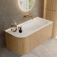 Mondiaz KURVE-DLUX 105 cm Onderkast Greeploos 1 Lade Met Deuren Oak, Wastafel Solid Surface Rechts Opalo 0 Kraangaten Zonder Spiegel (KRVBGS105L1L1D0KR-Oak/Opa)