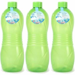 Drinkfles/waterfles/bidon - 3x - 1000 ml - transparant/groen - kunststof