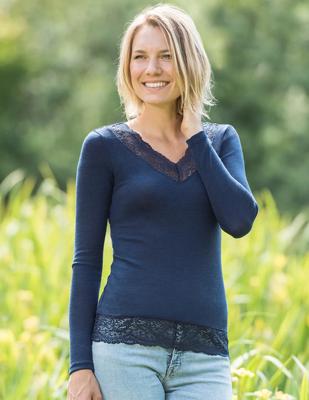 Dames Shirt Navy met Kant Zijde Wol Engel Natur Kleur Navy blauw Maat 34/36 - Small