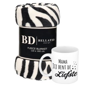 Cadeau moeder set - Fleece plaid/deken zebra print met Mama jij bent de liefste mok