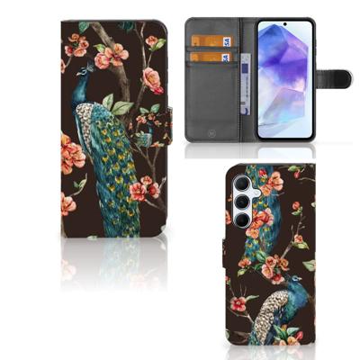 Samsung Galaxy A55 | Telefoonhoesje | Met pasjeshouder | Pauw met Bloemen