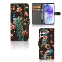 Samsung Galaxy A55 | Telefoonhoesje | Met pasjeshouder | Pauw met Bloemen