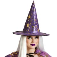 Halloween heksenhoed - met sterren - one size - paars/goud - meisjes/dames - thumbnail