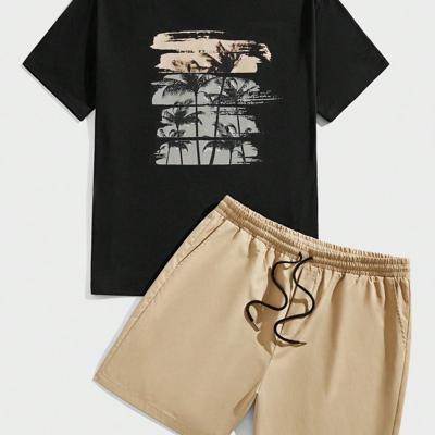 Bon&Bon Men's Plus Size Tropical Print T-Shirt and Shorts 2-Piece Set Multicolor / 5XL