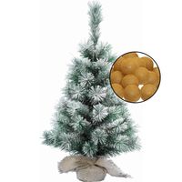 Mini kerstboom besneeuwd met verlichting - in jute zak - H60 cm - okergeel - Kunstkerstboom - thumbnail