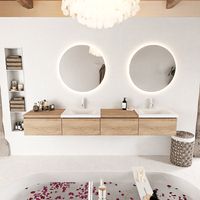 MONDIAZ BUKLA 240cm badmeubel met module 60 links kleur Washed Oak met 4 lades. Wastafel CLOUD dubbel 2 kraangaten kleur Talc.