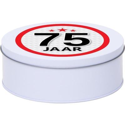 Leeftijd Snoeptrommel - koektrommel Cadeau - wit - rond blik - met 75 jaar sticker Leeftijd Snoeptrommel - koektrommel Cadeau - wit - rond blik - met 75 jaar sticker