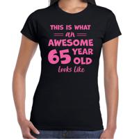 Verkleed T-shirt voor dames - leeftijd 65 jaar - awesome - zwart - glitter roze - Verjaardagsfeest