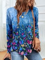 Casual Buckle Abstract Floral Printed Crew Neck Tunic T-Shirt - thumbnail