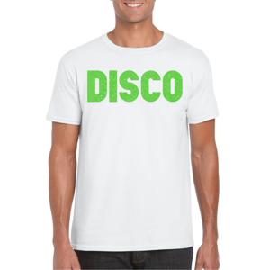 Bellatio Decorations Verkleed T-shirt heren - disco - wit - groen glitter - jaren 70/80 - carnaval 2XL  -