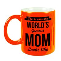 Worlds Greatest Mom cadeau mok / beker neon oranje 330 ml - Cadeau moeder - feest mokken - thumbnail