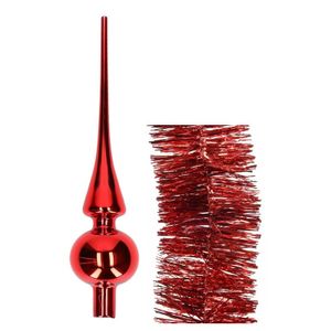 Kerstversiering glazen piek glans 26 cm en folieslingers pakket rood van 3x stuks