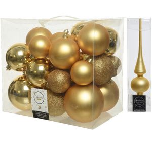 Kerstversiering kunststof kerstballen met piek goud 6-8-10 cm pakket van 27x stuks