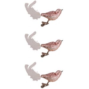 3x stuks luxe glazen decoratie vogels op clip velvet roze 11 cm