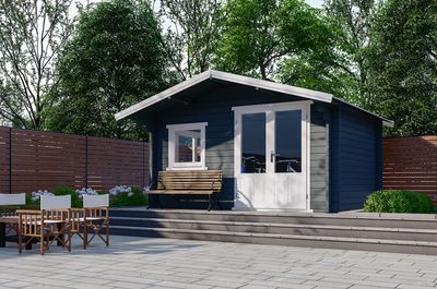 Blokhut 440x340 cm, 50 mm dikke wanden & dubbelglas - gecoat- Zadeldak- Hout- Interflex
