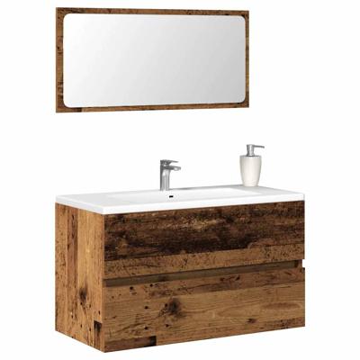 Badkamerkast met spiegel bewerkt hout oud houtkleurig