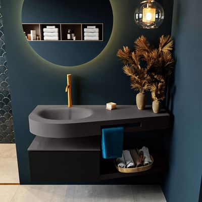 MONDIAZ RIVA 120cm badmeubel onderkast / planchet kleur Urban met 1 lade. Wastafel DULCET links 1 kraangat kleur Dark_Grey. MONDIAZ RIVA 120cm badmeubel onderkast / planchet kleur Urban met 1 lade. Wastafel DULCET links 1 kraangat kleur Dark_Grey.