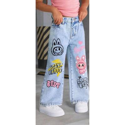 Bon&Bon Baby Girls Rabbit Print Denim Jeans | Straight Leg Cute Pants 6-9 maanden