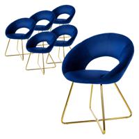 ML-Design eetkamerstoelen set van 6 blauw fluweel, woonkamerstoel met ronde rugleuning, gestoffeerde stoel met gouden - thumbnail