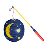 Bol lampion maan - donker blauw - 22 cm - papier - met lampionstokje - 40 cm