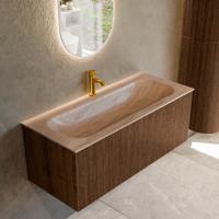 Badmeubel Mondiaz Kurve-Dlux | 110 cm | Meubelkleur Walnut | Wastafelkleur Saba | Solid surface | Wasbak midden spoelbak | 1 kraangat