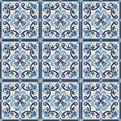 Blauw en wit bloemmotief tegels behang
