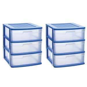 2x stuks ladeblok/bureau organizer met 3x lades blauw/transparant L40 x B39 x H39.5 cm