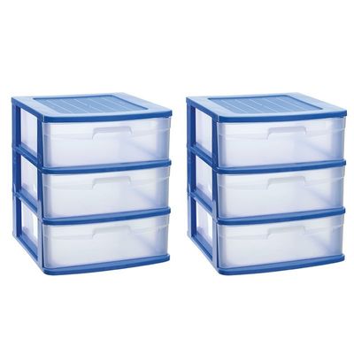 2x stuks ladeblok/bureau organizer met 3x lades blauw/transparant L40 x B39 x H39.5 cm