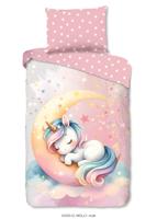 Good Morning Kinderdekbedovertrek "eenhoorn slapend op een maan" - Roze - (140x200 cm) - Katoen