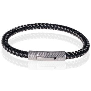 Tom Jaxon Heren armband geweven leer met Edelstaal Zilverkleurig Zwart