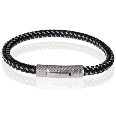 Tom Jaxon Heren armband geweven leer met Edelstaal Zilverkleurig Zwart