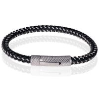 Tom Jaxon Heren armband geweven leer met Edelstaal Zilverkleurig Zwart-21cm