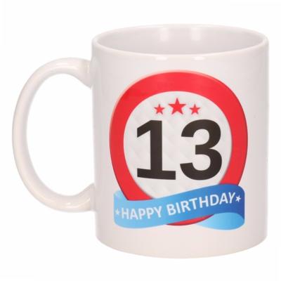 13 jaar Verjaardag koffiemok - cadeau beker - stopbord print - 300 ml - keramiek - wit