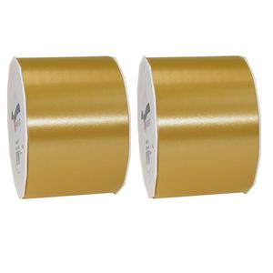 2x Brede luxe bronzen kunststof linten rollen 9 cm x 91 meter cadeaulint verpakkingsmateriaal - Cadeaulinten