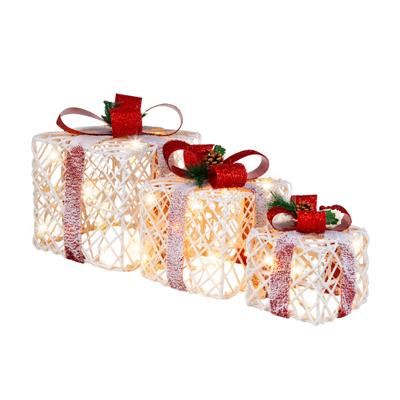 Set van 3 LED-Geschenkdozen op Batterijen Werkende Geschenken met Rode Strikken 60 LED-verlichting en 6H-timer Verlichte Kerstdecoratie